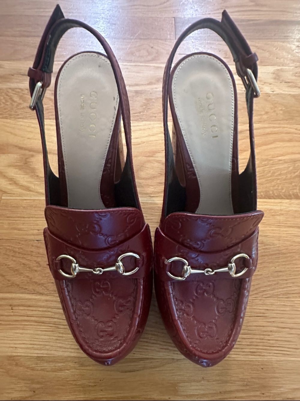 Gucci Burgundy Leather Horsebit Slingback Platforms
